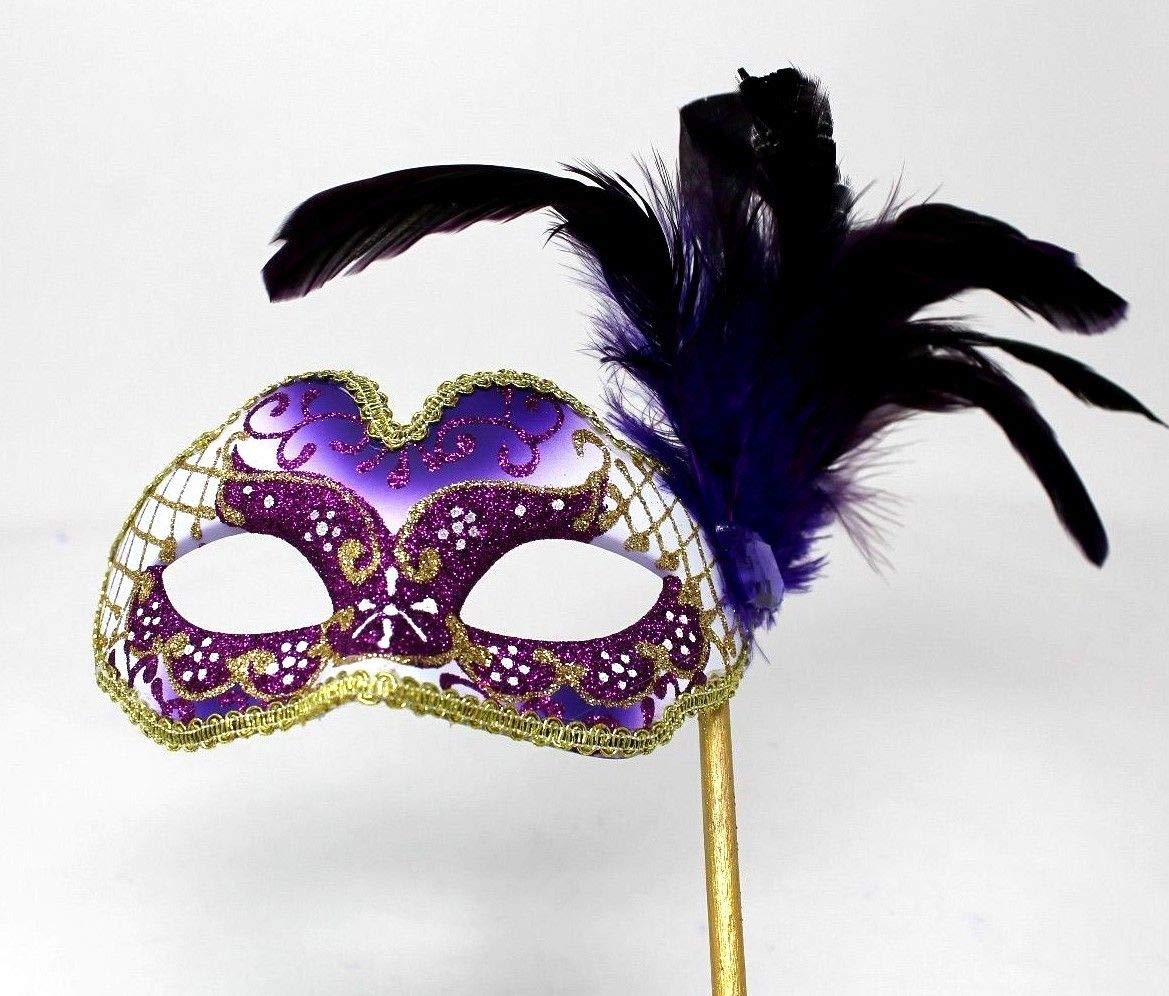 LADIES PURPLE & GOLD VENETIAN MASQUERADE HALLOWEEN CARNIVAL PARTY EYE BALL FEATHER MASK ON A STICK
