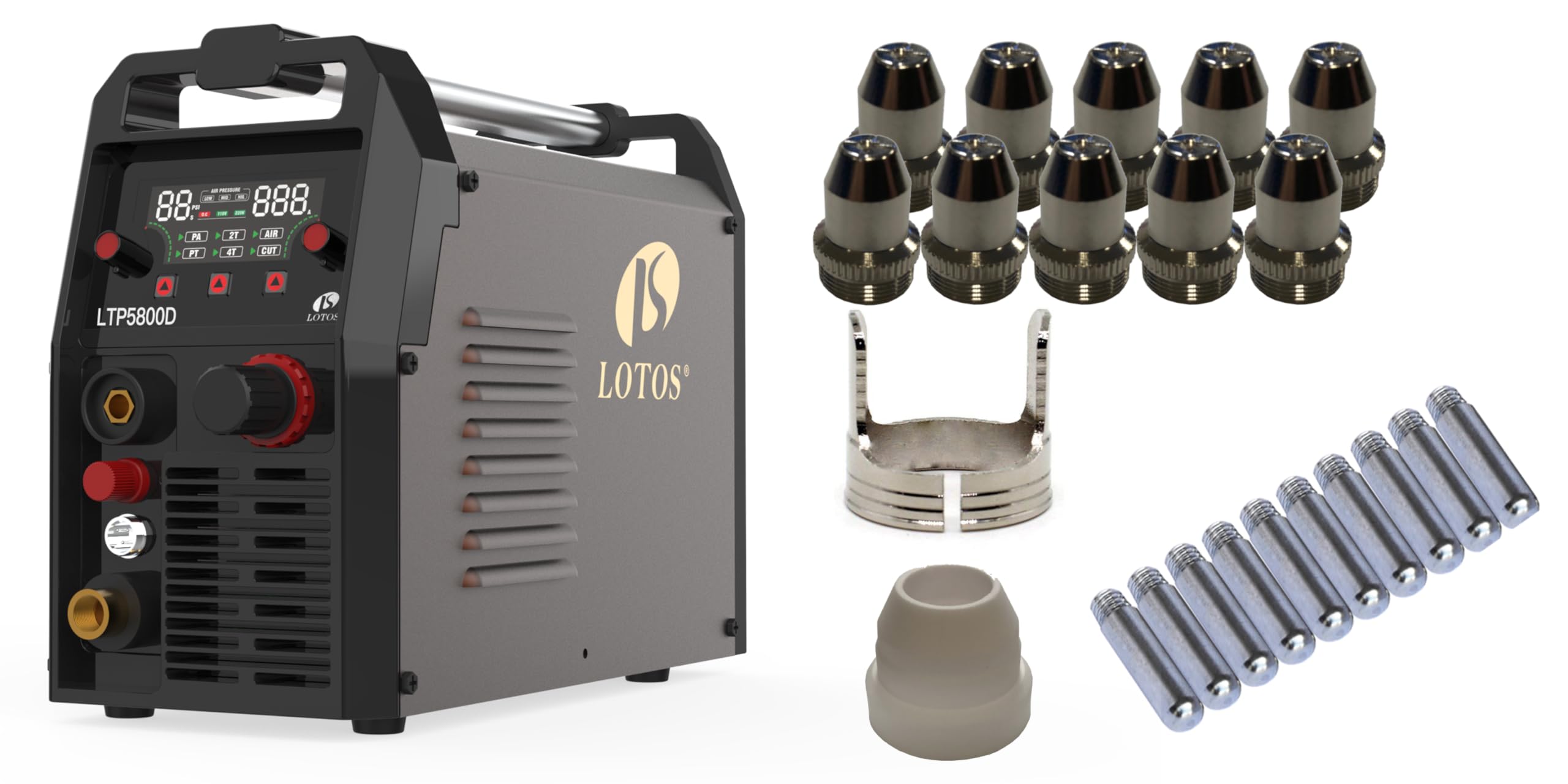 LOTOS LTP5800D 58A Pilot Arc Plasma Cutter 5/8" 16mm Clean Cut 3/4" 20mm Severance Cut, Dual Voltage 110V 220V + Lotos PCS22 Plasma Cutter Consumables Sets Image