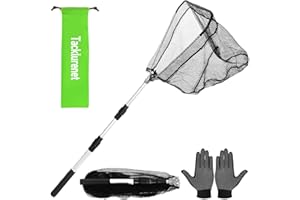 TACKLURENET Folding Kayak Fishing Net with Aluminum Alloy Frame Rubber-Coated Nylon Net for Small Fishing Net Fishing Landing Net for Non-Slip Gloves Storage Bag