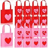 PerKoop 48 Pcs Reusable Valentines Gift Bags Heart Themed Goodie Candy Bags with Handles Non Woven Snack Wrapping for Business Shopping Retail Holiday Wedding Party Gift Supply Favor (Red,Pink)