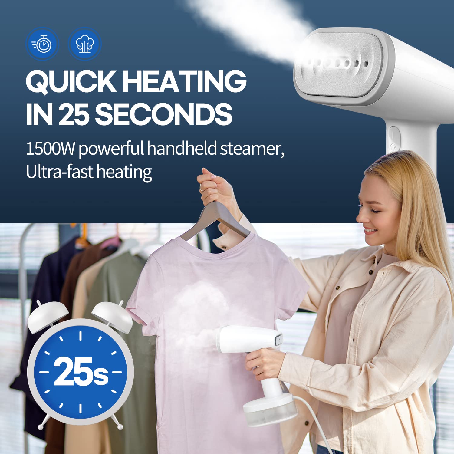 HubiCare Steamer for Clothes, 1500W Clothes Steam iron with Large 250ml Tank, Handheld Fabric Wrinkle Remover, Portable & Compact Travel Size Garment Steamer ONLY FOR 120V (White)
