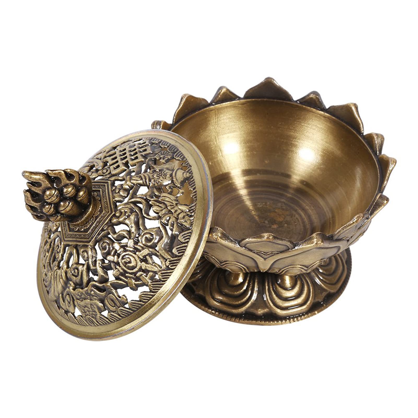 Backflow Cast Iron Vintage Censer Lotus Flower Stick Incense Burner Cone Incense Holder Bowl Pot with Lid - Bronze