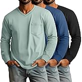 Ficerd 3 Pack Men's Big and Tall V Neck Shirts with Pocket Long Sleeve Plus Size Tops Basic Casual Loose Fall Tee