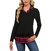 Unsenthy Collared Sweaters for Women Long Sleeve Shirt Sweater Combo Twofer Tops 2 in 1 Plaid Patchwork Layered Shirts