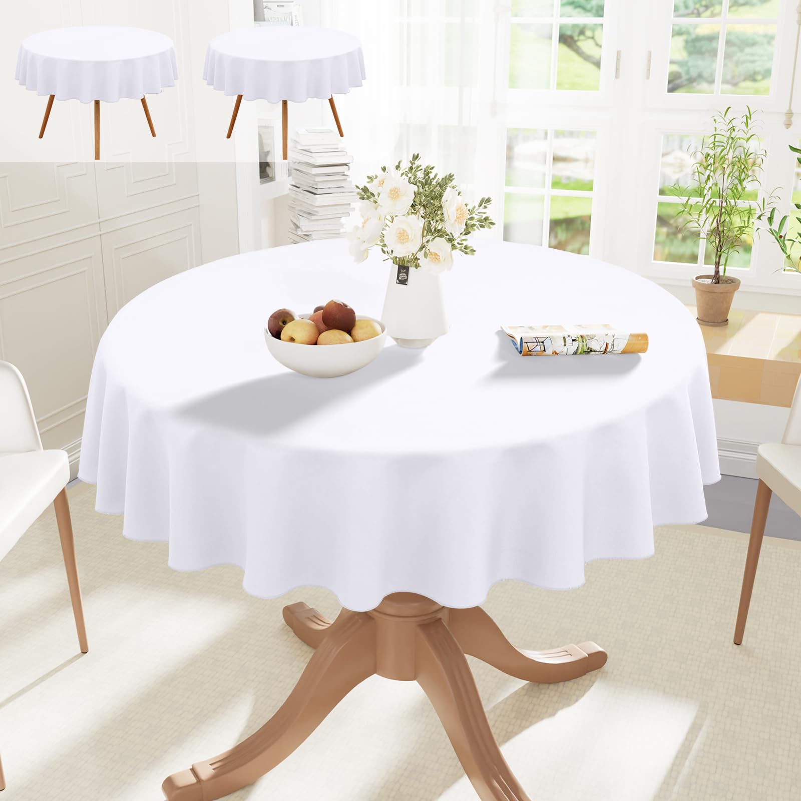 smiry Table Cloth Round 150 cm Pack of 2 - Washable Fabric Dining Tablecloth, Dust-Proof Polyester Table Cover for Party Garden Kitchen Outdoor, White