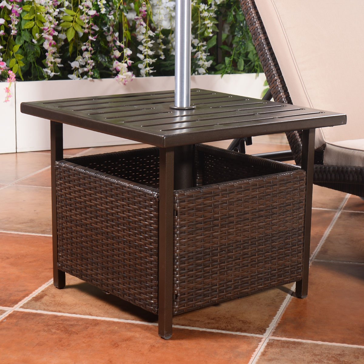 Brown Giantex Patio Rattan Wicker Umbrella Side Table Stand With Umbrella Hole Steel Outdoor Deck Garden