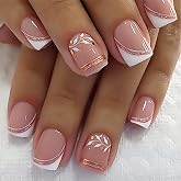 Taoyisent Press On Nails, Short Square Nude Pink Rose Gold Floral, 24PCS | Rose Gold Lines and Floral Design, Elegant, Fake Nails For Women, Full Coverage And Reusable Wear.