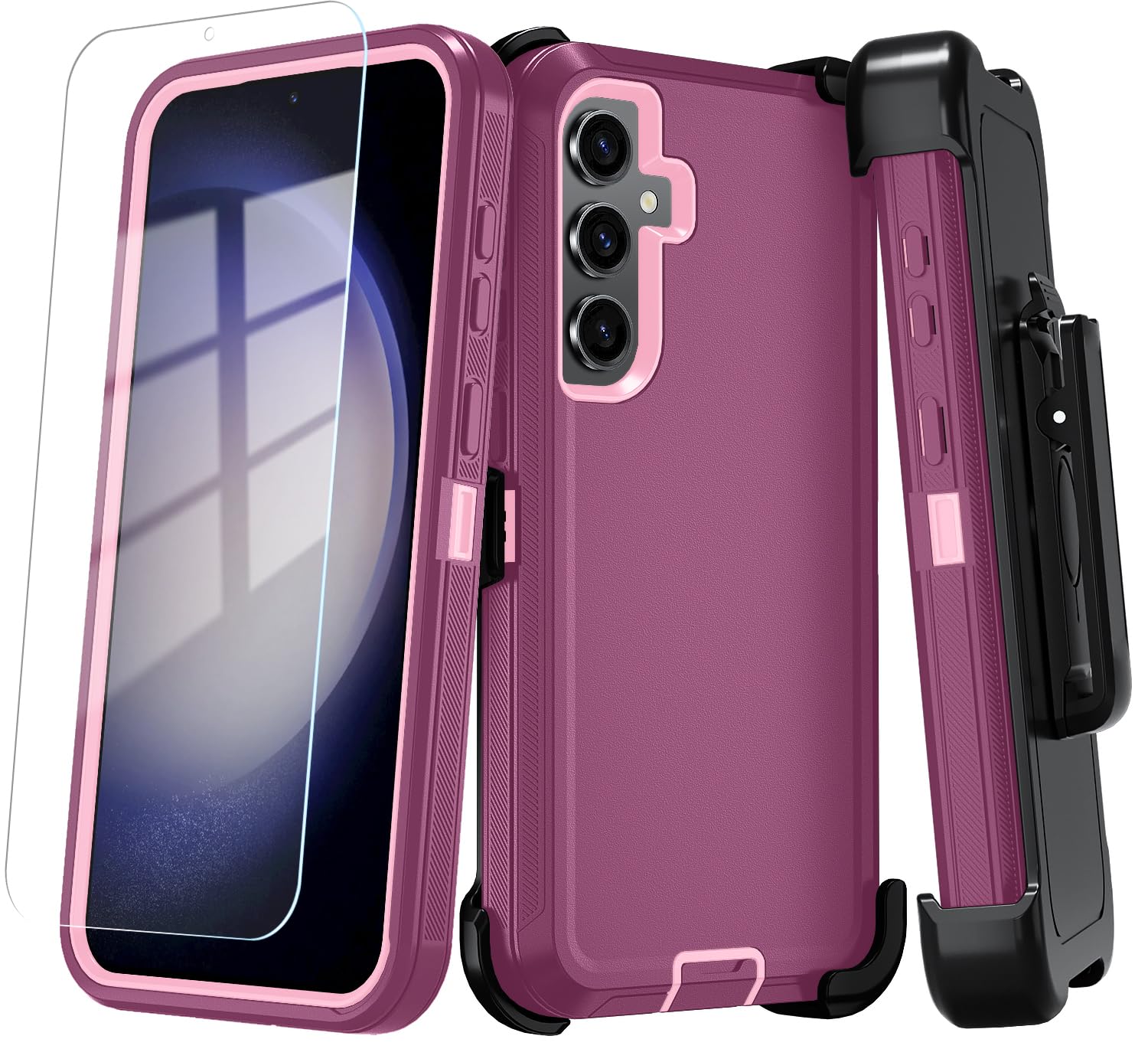 Qinmay Phone Case for Samsung Galaxy A35 5G Case with HD Screen Protector, Heavy Duty Shockproof & Dropproof 3-Layer Cover Phone Case for Galaxy A35 (BeltClip_WineRed)