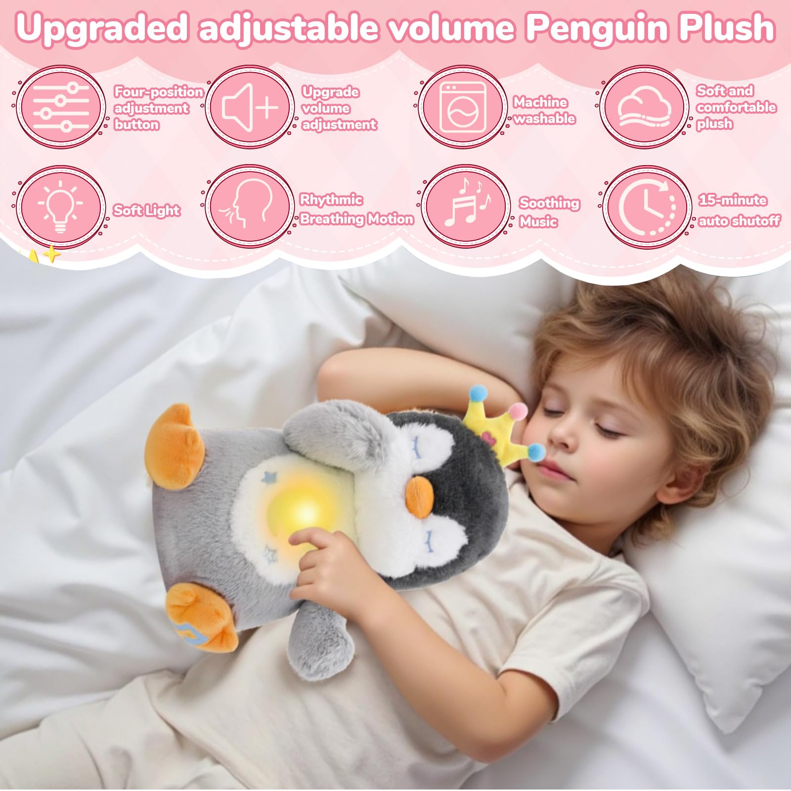 Breathing Stuffed Animal, Soothe Snuggle Penguin Plush for Anxiety Adults and Kids, Volume Control, Machine Washable, Sleep Buddy Soothing Penguin with Realistic Breathing and Lights Music, 4 Modes