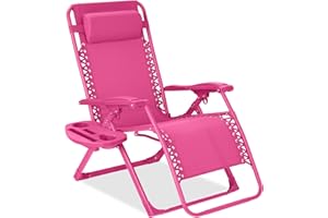 Best Choice Products Adjustable Zero Gravity Chair, Monochromatic Color Folding Patio Recliner w/Side Tray, Headrest - Ultimate Pink