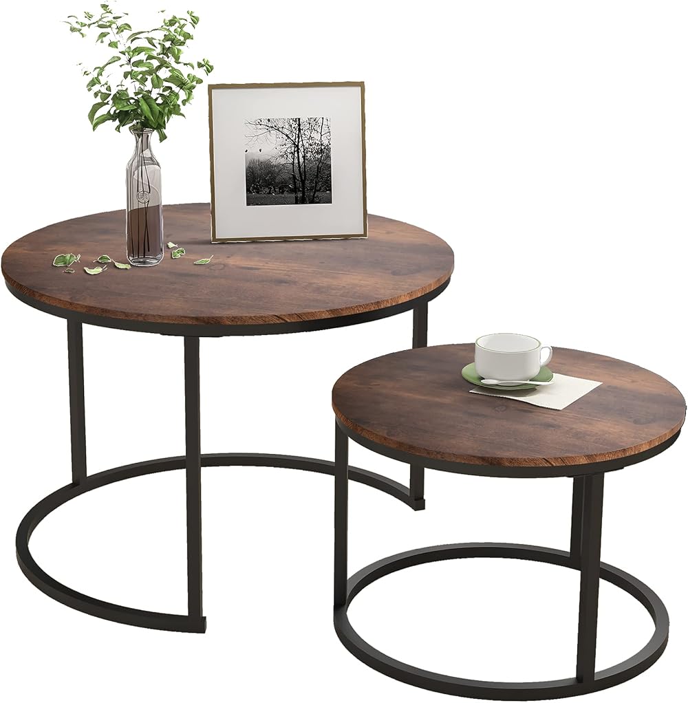 HOJINLINERO Black Round Coffee Table Set of 2 Industrial Stacking End Tables