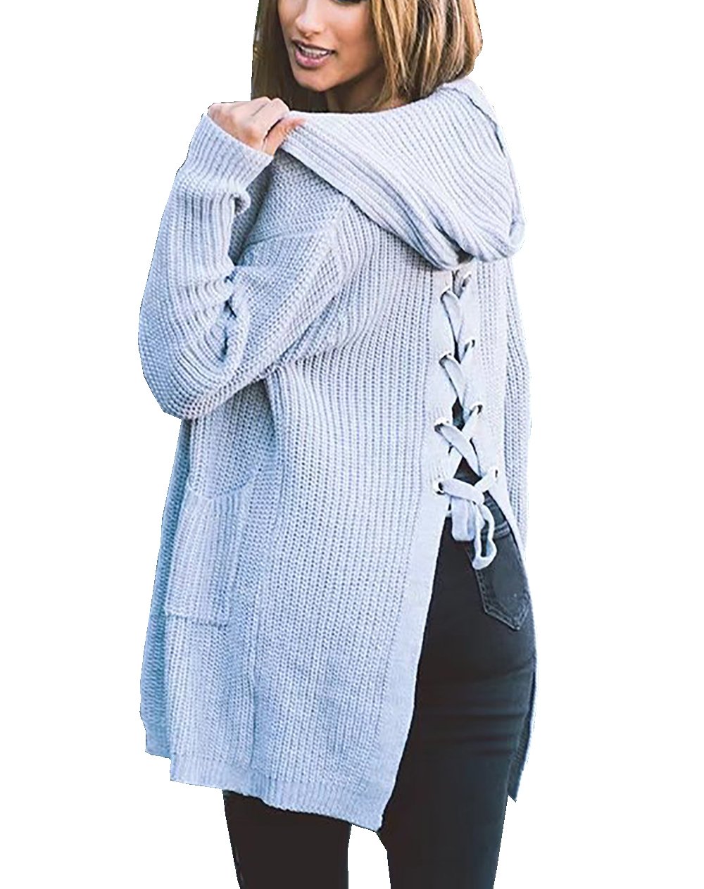 CoCo Fashion Damen Longstrickjacke Strick Bluse Cardigan Jacke mit Langarm (Einheitsgröße, Grau)