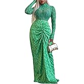 Recious Womens Sexy Long Sleeve O Neck Printed Mesh Paneled Bodycon Ruched Ruffles Party Clubwear Long Dress