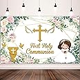 First Holy Communion Backdrop Banner Pink Floral God Bless Baptism Mi Bautizo Party Photo Background for Girls Newborn Christening Confirmation Religious Party Decorations Supplies,Baby Shower