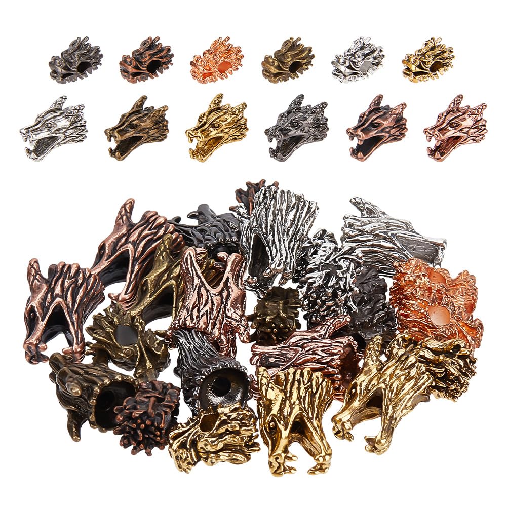 DELORIGIN 24pcs Dragon Head Spacer Beads, 2 Styles Antique Dragon Tibetan Style Good Luck Charms Alloy Beads for DIY Bracelet Necklace Earrings Jewelry Making Craft Supplies