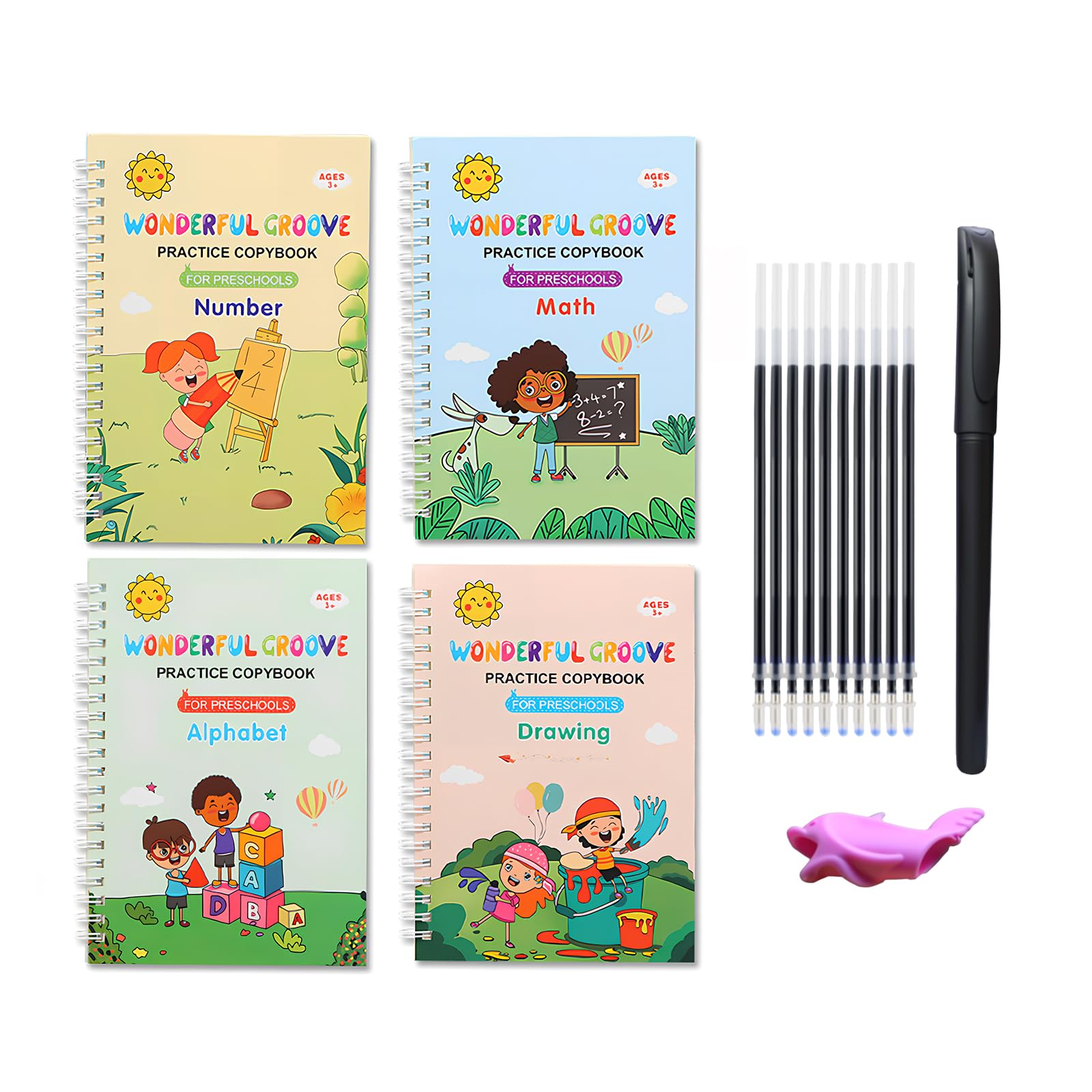 WUMUZAI 4 Pack grooved handwriting book practice, groove calligraphy, reusable magic copybook, grooved writing book disappearing ink, magic copy, magical letter number tracing workbook, C