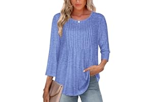 ADOREJOY 3/4 Length Sleeve Tops for Women Crew Neck Casual Outfits Shirts Pleated Tunic Tops Loose Fit Curved Hem Blouses