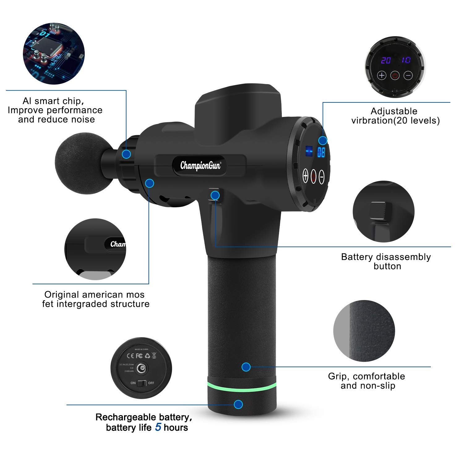 ChampionGun Deep Muscle Percussion Massage Gun, Super Quiet Gun Massager Handheld for Pain Relief Portable Cordless Vibration Massage Gun with 20 Adjustable Speed, 6 Massage Heads