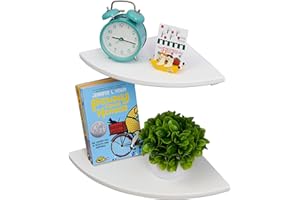 BEUGAWHOO White Corner Shelf, Wall Mount 7inch Natural Oak Wood Floating Corner Wall Shelf Round End Small Corner Nightstand Plant Shelf for Bedroom, Kitchen, Living Room Set of 2…