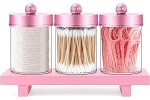 MKOSAB Pink Qtip Holder Bathroom Set - 3 Pack Apothecary Jars with Metal Lids and Vanity Tray.Bathroom Organizers and Storage, Cute Vanity Makeup Organizer, Bathroom Decor Accessories