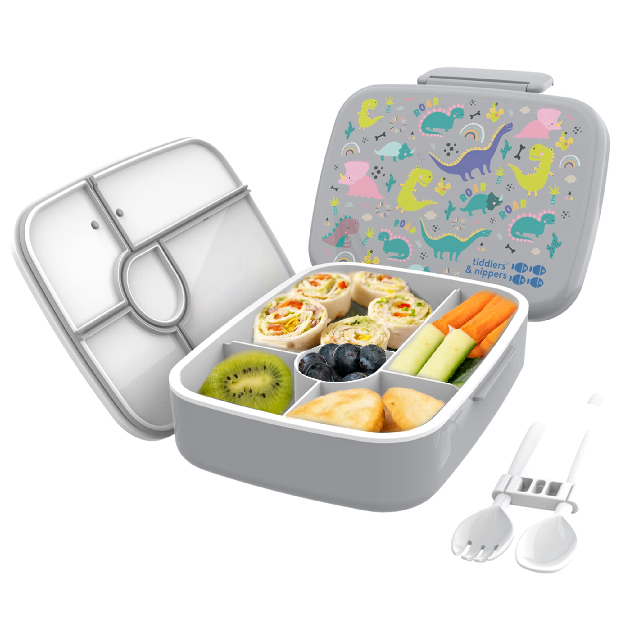 tiddlers & nippers 5 Compartment Lunch/Bento Box for Kids & Adults! | Includes Reusable Cutlery - Fork & Spoon | Leak-Proof & BPA-Free | Microwave, Freezer & Dishwasher Safe (Dinky Dinos) — image 1
