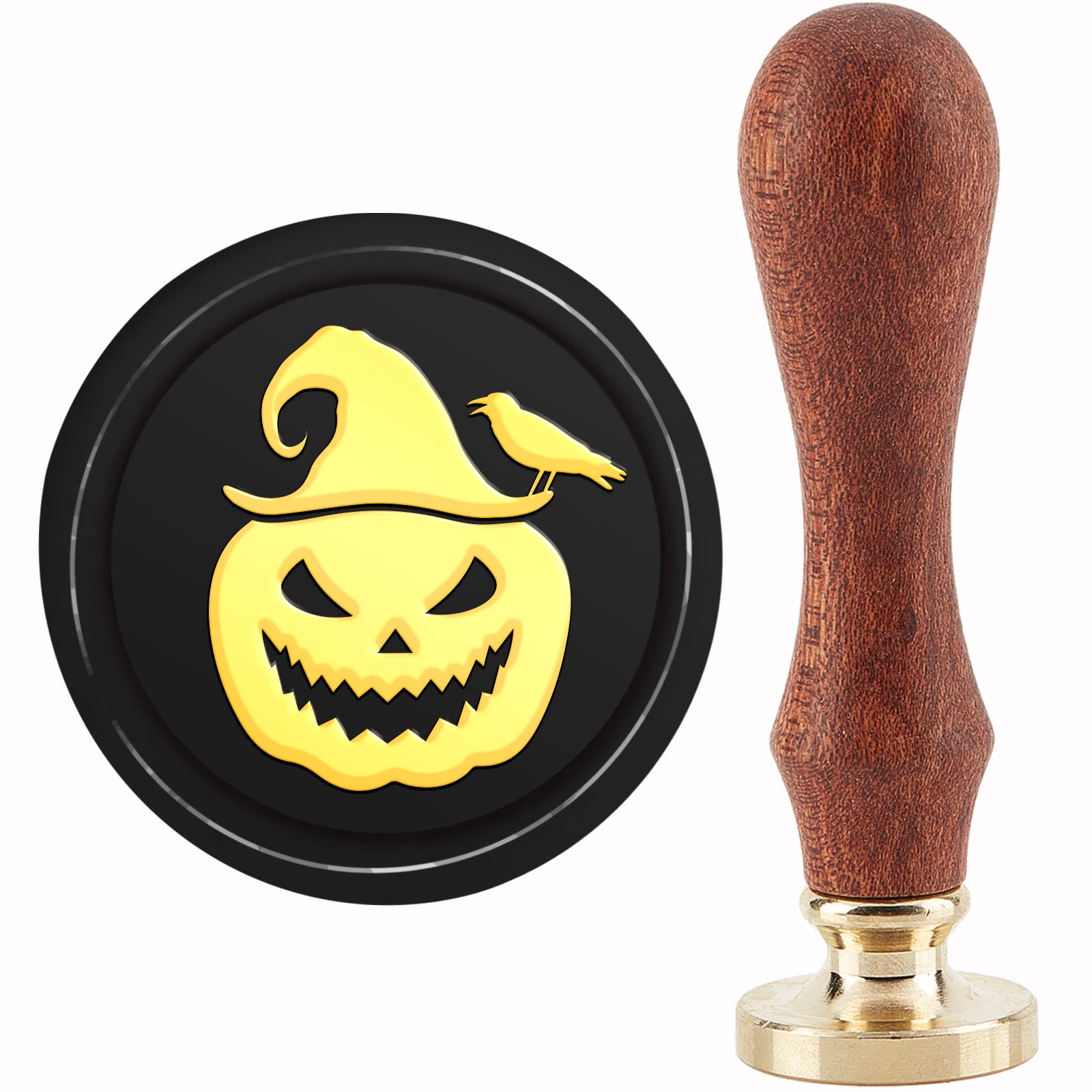 CRASPIRE Pumpkin Wax Seal Stamp Halloween Crow Witch Hat 30mm Retro Vintage Removable Brass Sealing Stamp Head with Wood Handle for Wedding Invitations Halloween Christmas Thanksgiving Gift Packing