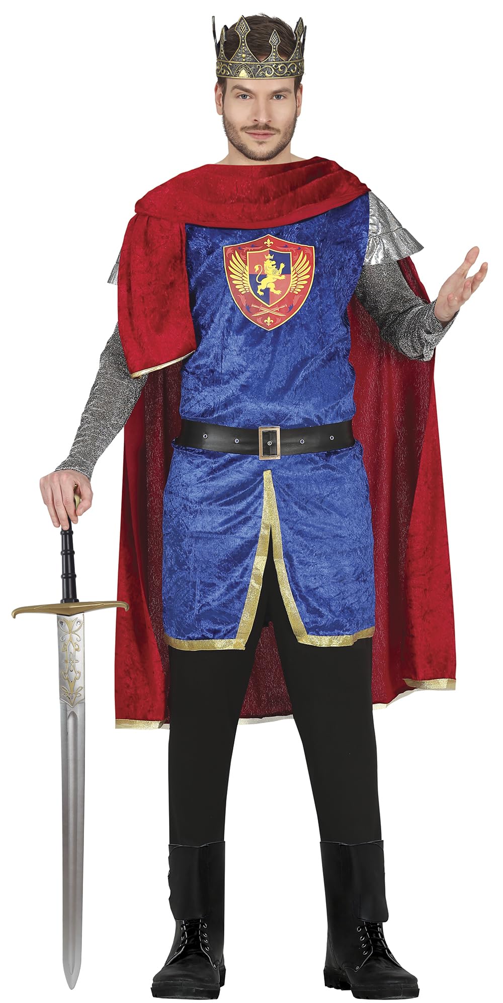 FIESTAS GUIRCA Medieval King Mens Fancy Dress Costume - Red & Blue Knight Outfit with Warrior King Cape - Historical Fancy Dress Men Size S 36-38