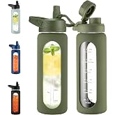 CIVAGO 24 oz Glass Water Bottle with Straw, Large Motivational Water Jug | Time Marker, 2 Leakproof Lids, Wide Mouth, Water Flask Cup with Handle and Silicone Sleeve, for Gym, Sports, Army Green