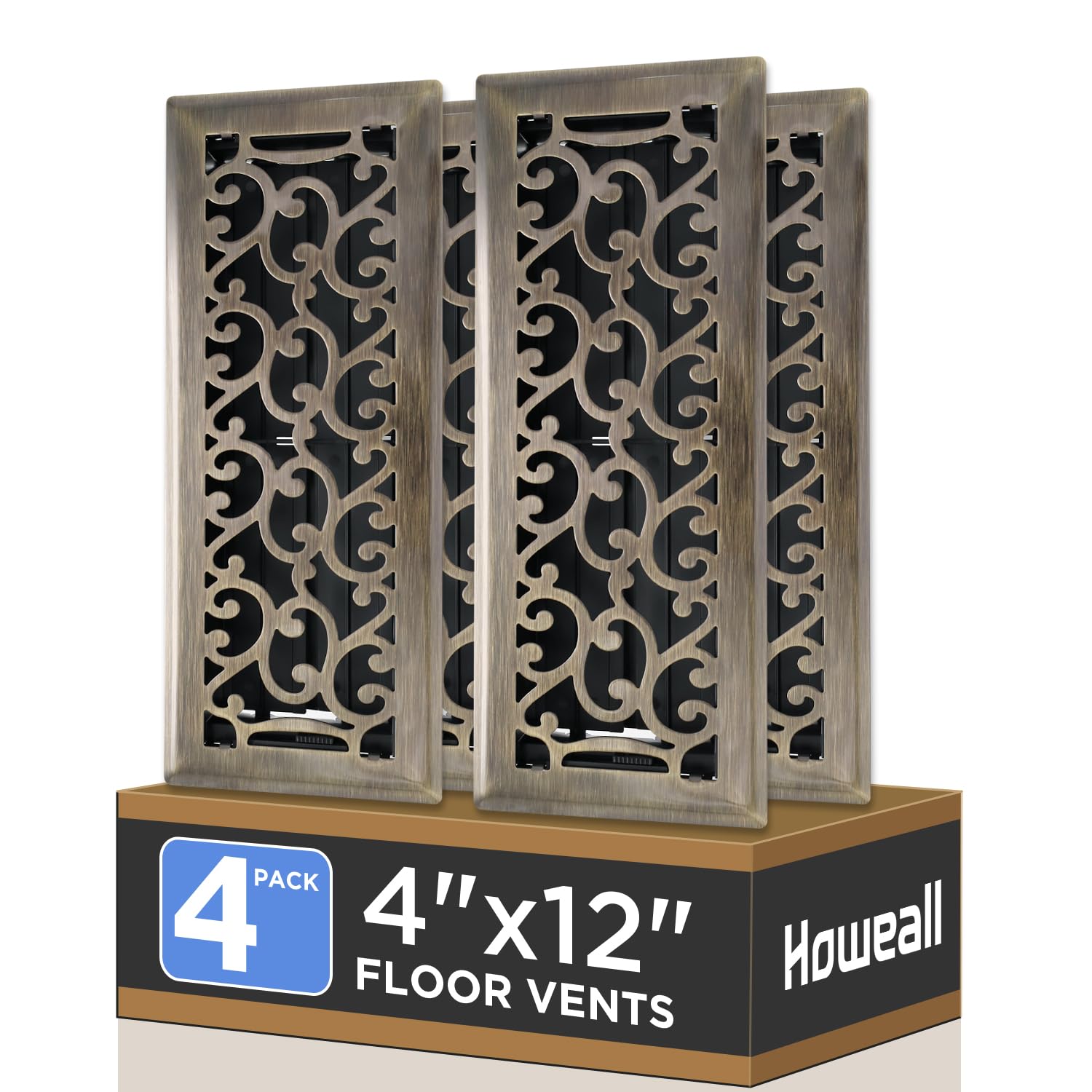 Photo 1 of Howeall 4x12 Inches 4 Pack Heavy Duty Walkable Floor Register - Easy Adjust Air Supply Lever Decorative Floor Vent Covers, Savannah Design Vent Covers for Home - Antique Brass