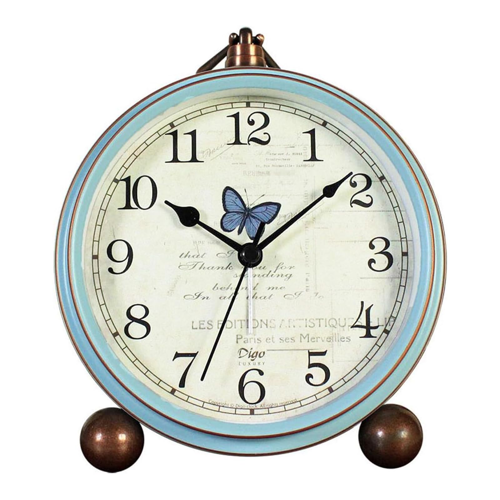JUSTUP Table Clock, Vintage Non-Ticking Table Desk Alarm Clock Battery Operated with Quartz Movement HD Glass for Bedroom Living Room Office Desk(Butterfly)