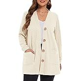 LARACE Open Front Cardigan for Women Cable Knit Sweater with Pockets Plus Size Long Sleeve Tops Button Down Winter Coat