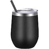 VEGOND 12oz Stainless Steel Wine Tumbler with Lid and Straw, Double Wall Vacuum Insulated Stemless Wine Glass Tumbler Cup, Coffee Mug for Cold Hot Drinks