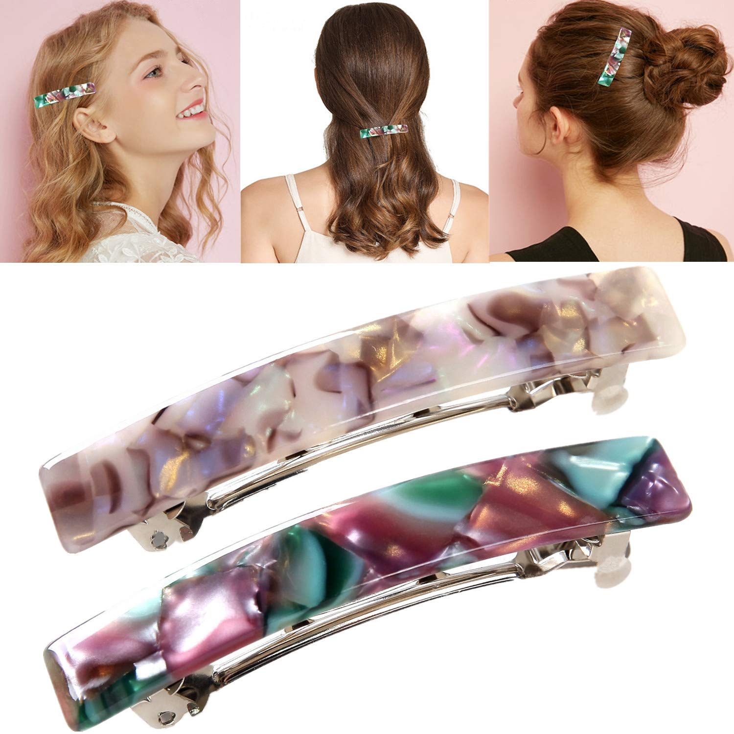 2 Pack Cellulose Acetate French Style Hair Barrettes Medium Automatic Tortoise Shell Rectangle Hair Clip for Women : Beauty