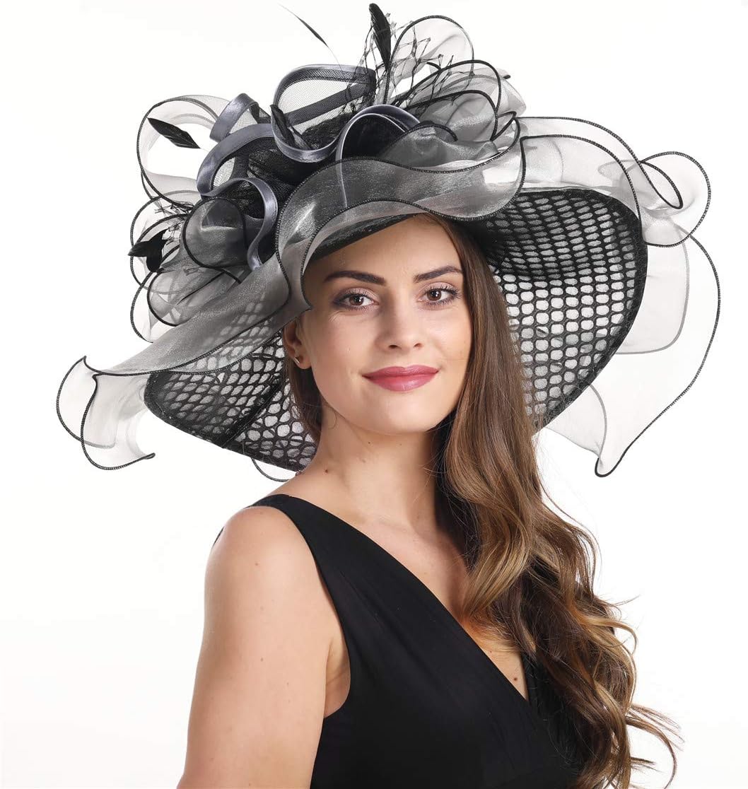 SAFERIN Women's Organza Church Kentucky Derby Hat Feather Veil Fascinator Bridal Tea Party Wedding Hat