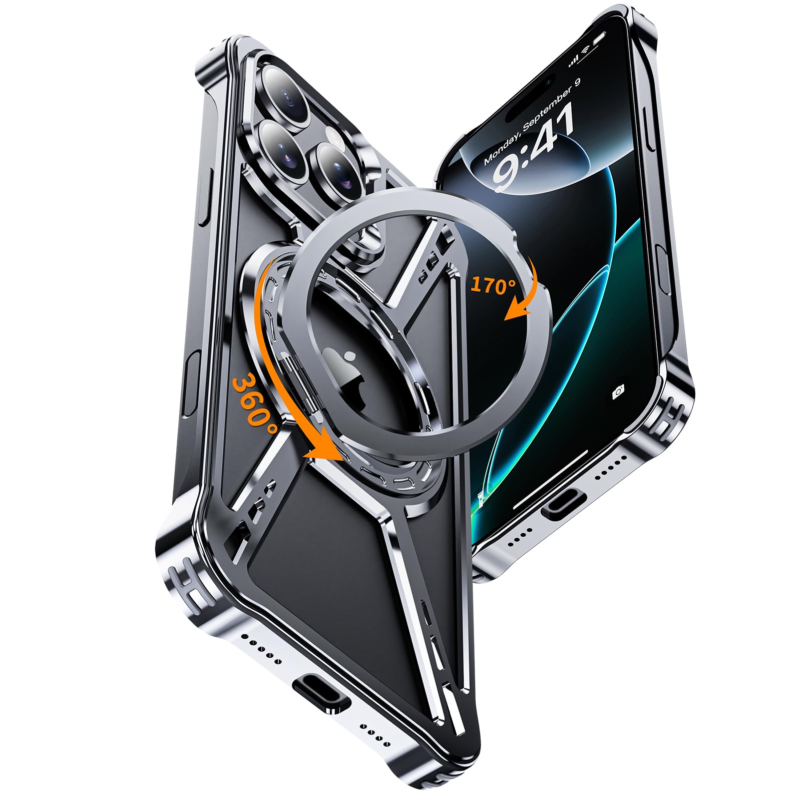 Photo 1 of YOOVEI Metal X Case for iPhone 16 Pro Case 6.1",with Kickstand 360°Rotatable Magnetic Ring Stand,[Compatible with MagSafe] Shockproof Aluminum Metal Phone Case Slim & Light Phone case,Gray