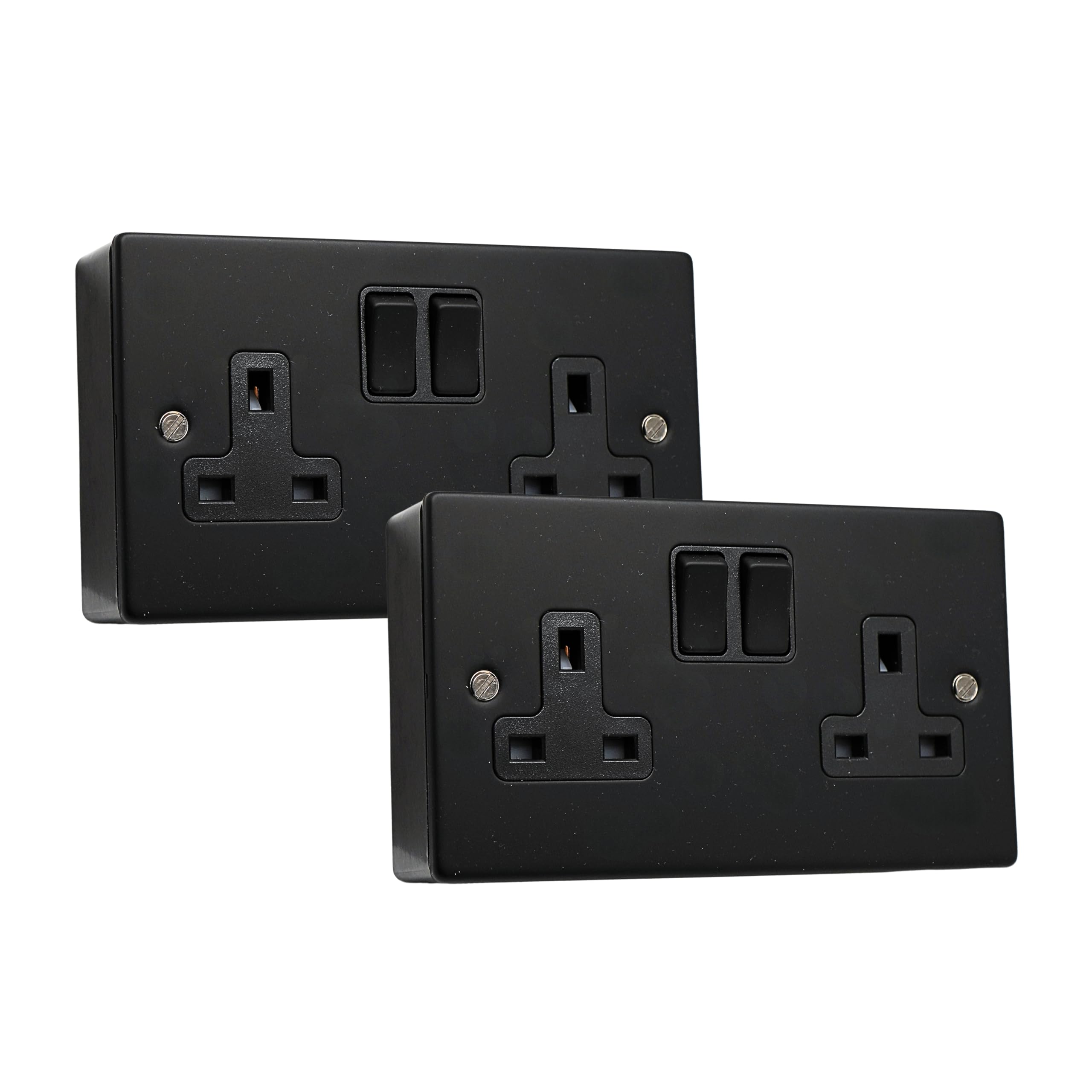 SHPELEC® Matt Black Metal Switch and Socket Range with Surface Mount Back Box – Sleek, Durable, and Easy to Install (2 Gang Socket + Back Box (2 Pack), Screwed Version)