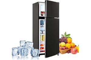 Fcicarn 3.5 Cu. Ft. Compact Refrigerator, Energy efficient mini fridge with freezer, double doors, 7-level thermostat for small spaces, Black