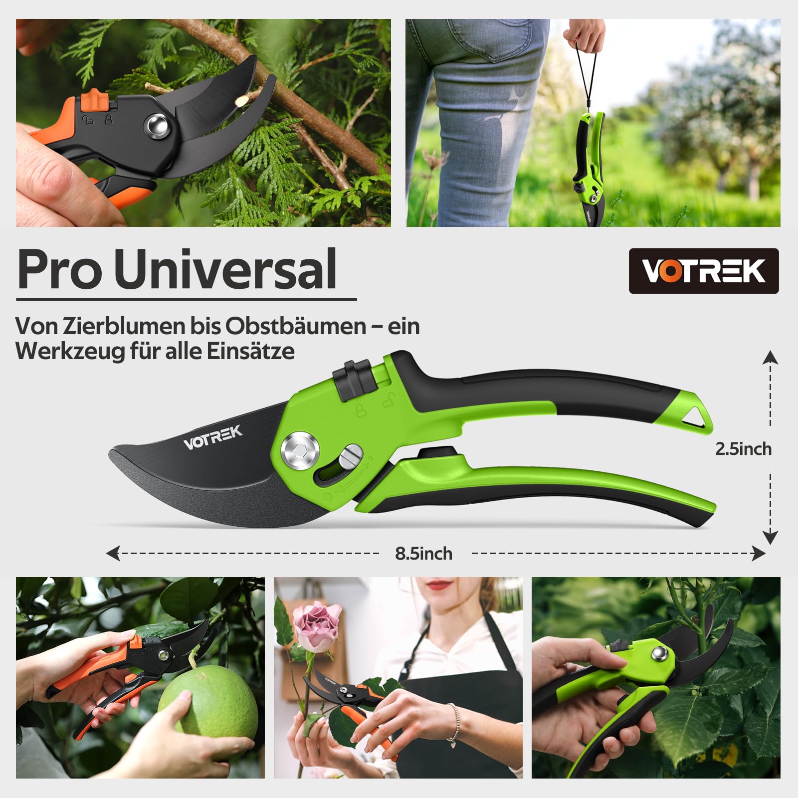 VOTREK 8,5" Bypass-Gartenschere mit stufenloser Grifföffnung, Profi-Rosenschere & Baumschere mit SK5-Stahl und interner Feder für müheloses Schneiden – ideal bei schwacher Handkraft.【Armband】 Geschenk 7
