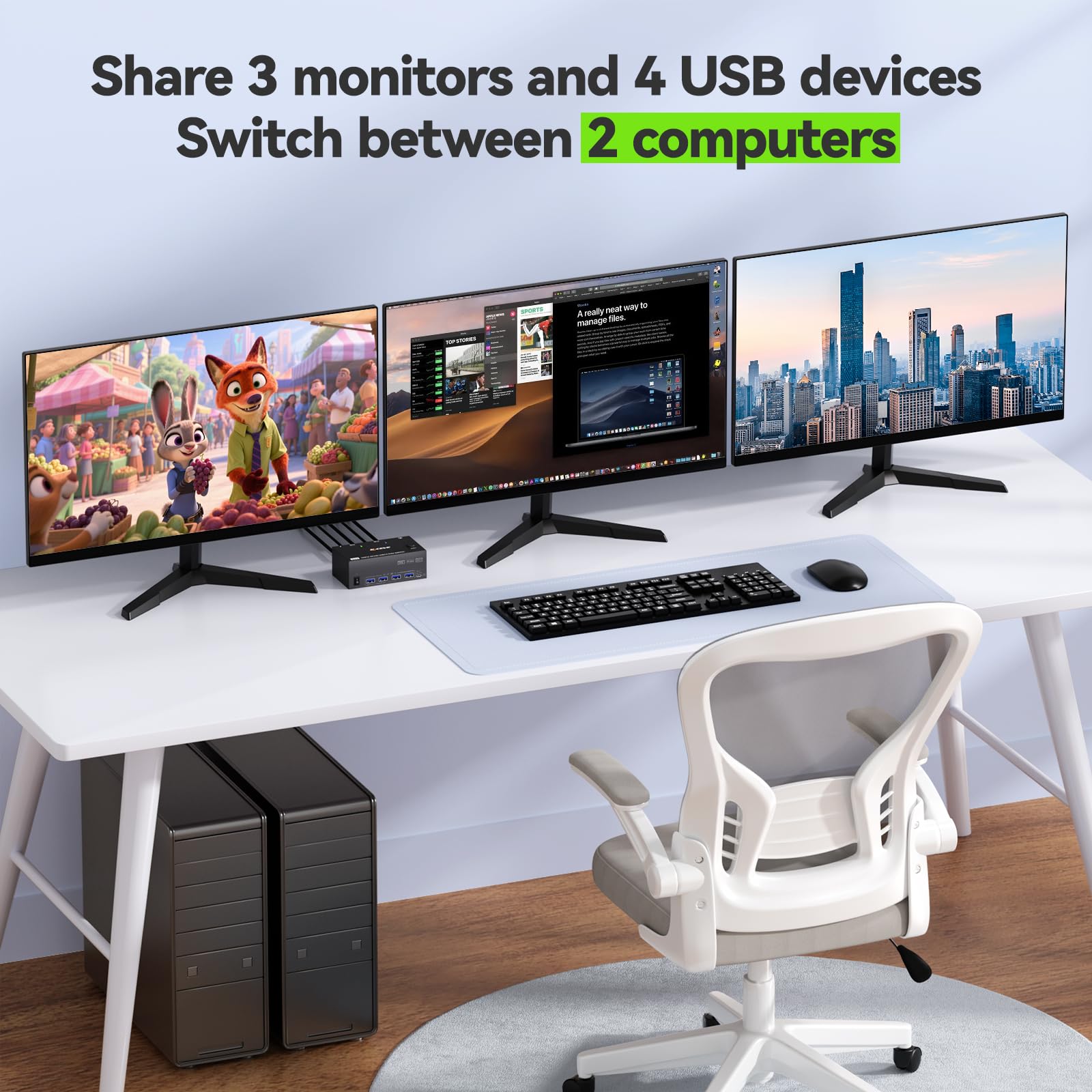KVM Switch 2 PC 3 Monitore 8K@60Hz,MLEEDA HDMI Displayport KVM Switch Triple Monitor für 2 PC Teilen 3 Monitors und 4 USB3.0-Geräte, mit 12V DC Netzteil,Verdrahtet Fernbedienung und 2 USB-Kabel 2