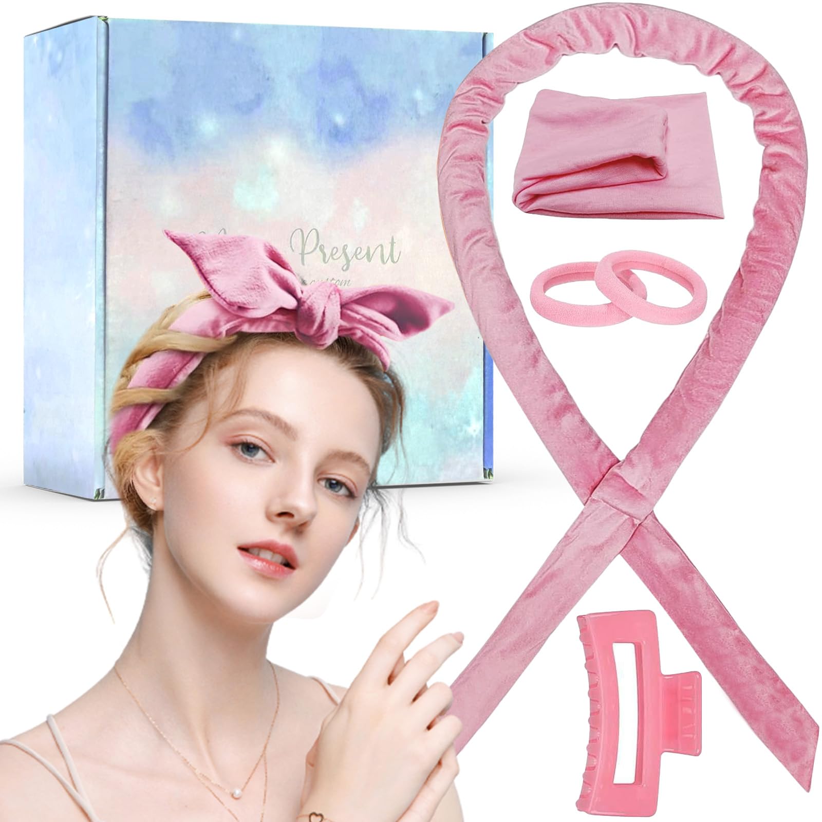 ZUOQIANG Heatless Curlers Headband, Heatless Hair Curler For Sleeping Overnight，Velvet Heatless Hair Curler Set,With Clip Styling Tools For Women Girls Long Medium Hair (Pink)