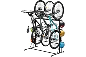 OYEAL Bike Rack Garage Floor Bike Storage Stand with 6 Hooks, Indoor Vertical Bicycle Organizer for 3 Adult Mountain/Road &1 