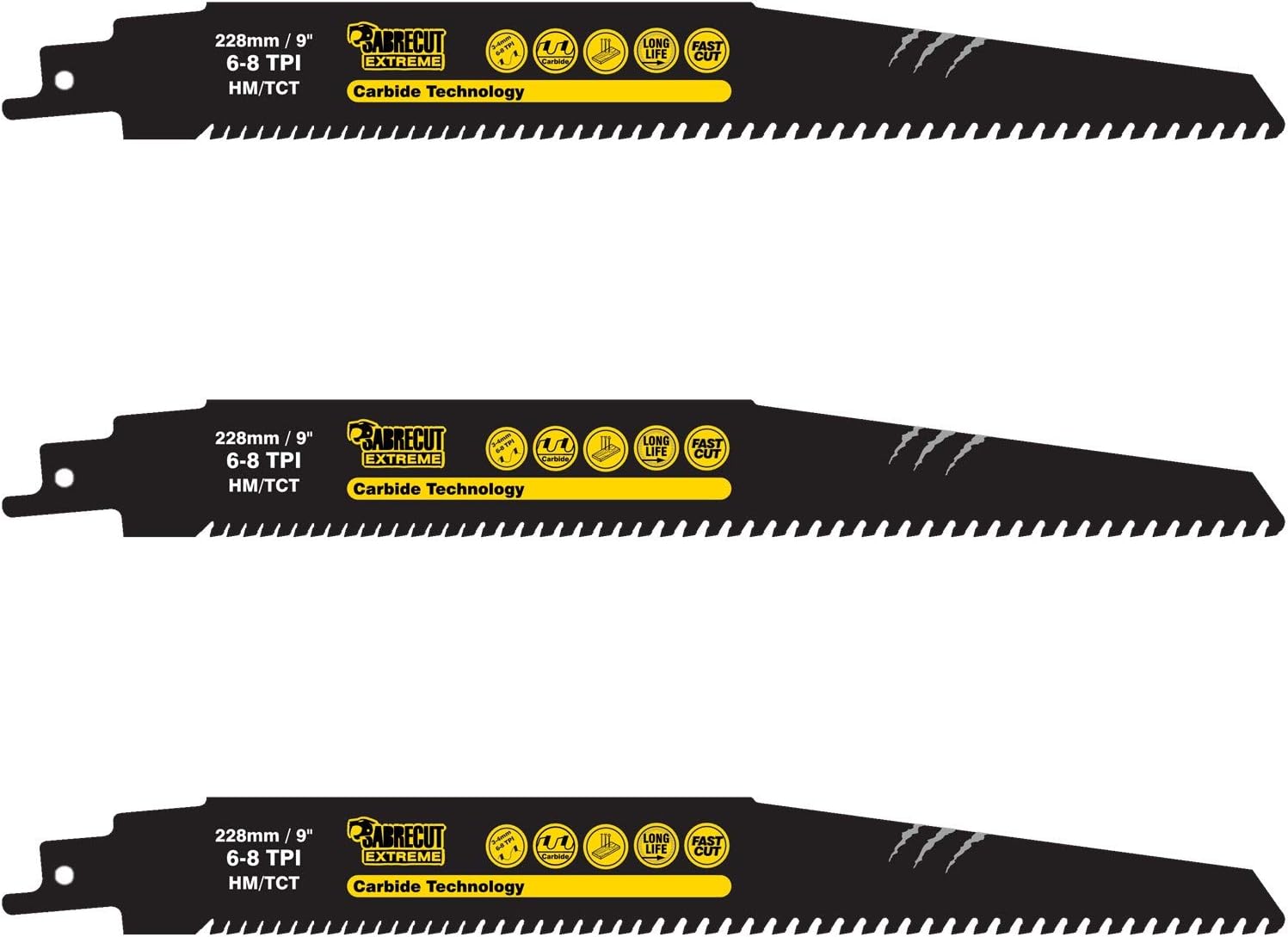 3 x SabreCut SCRS1156XHM_3 Tungsten Carbide 228mm Variable 6-8 TPI S1156XHM Very Fast Wood and Plastic Cutting Reciprocating Sabre Saw Blades
