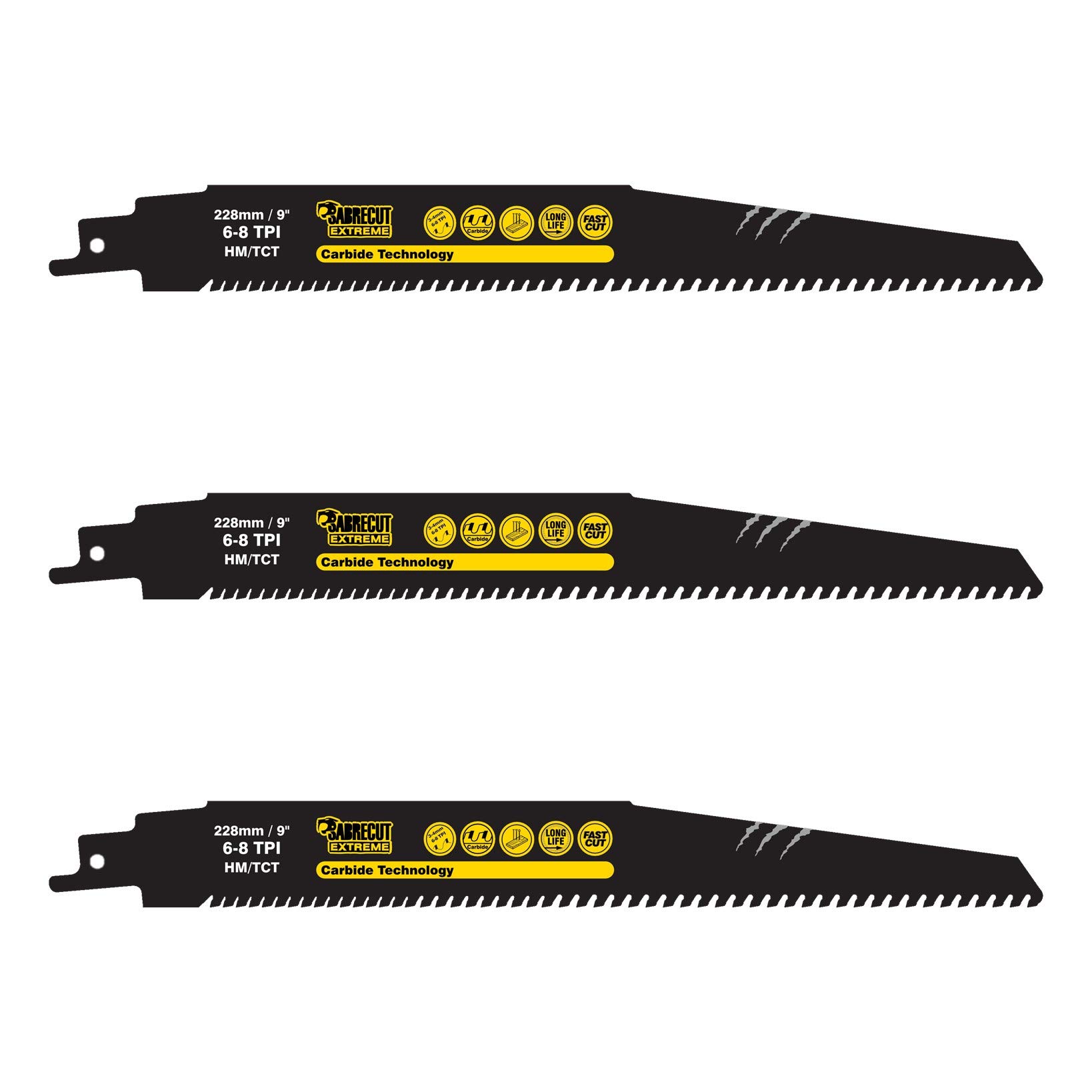 3 x SabreCut SCRS1156XHM_3 Tungsten Carbide 228mm Variable 6-8 TPI S1156XHM Very Fast Wood and Plastic Cutting Reciprocating Sabre Saw Blades