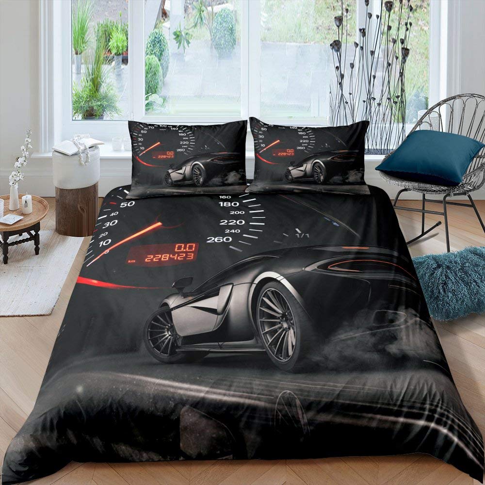 Homewish Racing Car Bedding Set Teens Speed Sports Car Comforter Cover Double Size Extreme Sport Theme Duvet Cover For Kids Boys Adult Cool Automobile Bedspread Cover For Living Room Black