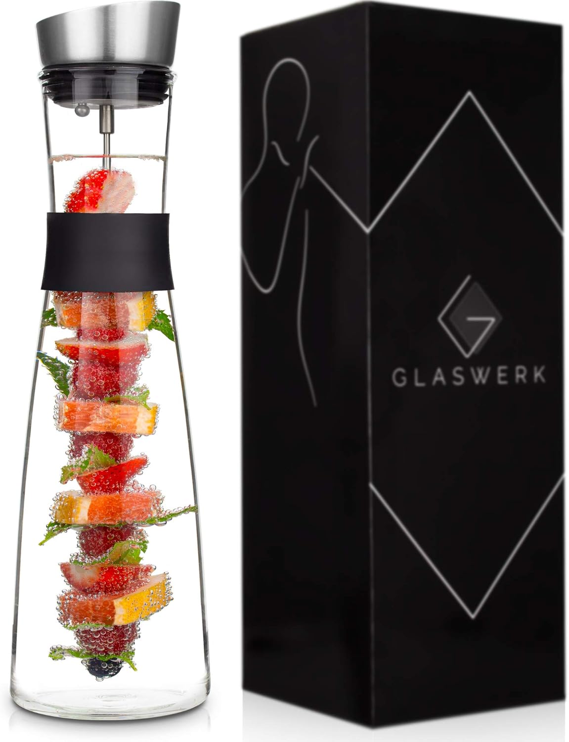 GLASWERK Design Karaffe - Glaskaraffe (1,6L) mit Fruchtspieß, Edelstahldeckel & Griff - edle Wasserkaraffe aus Borosilikatglas