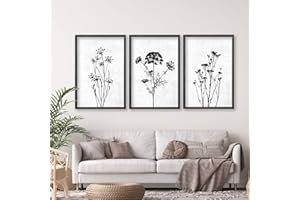 FLOWTORELY Flower Plant Wall Art Decor 16"x11" Set of 3 Black And White Botanical Painting Wood Framed For Minimalist Bedroom Office Rustic Living Room Abstract Wildflower Sign Hanging (Black)