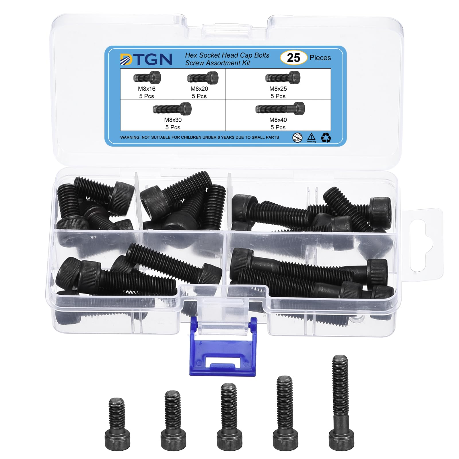 DTGN 25Pcs Metric Screw Assortment, M8 Bolts and Nuts Kit, 12.9 Grade Steel M8x16/20/25/30/40mm Hex Socket Head Cap Screws Bolt Set