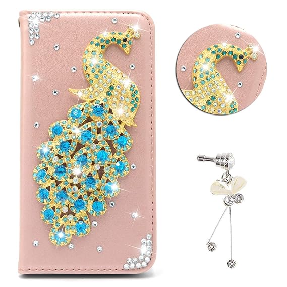 HongHushop 3D Bling Strass Leder Handyhülle Schutzhülle für Samsung Galaxy S5 Mini Rotgold Glitzer Book Hülle Etui Skin Shell