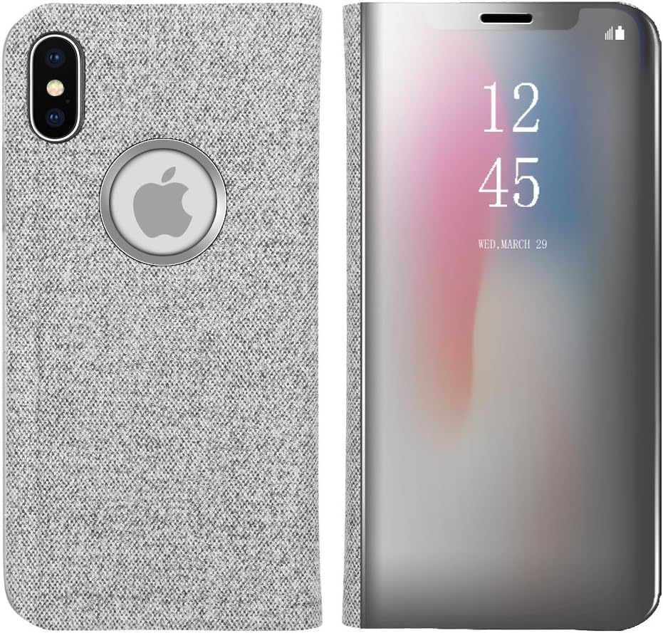 MaxiPRO Apple iPhone X Case Stand Mirror, from iPhone X S-View Flip Case, [Smart View] [Sleep/Wake Function] [Stand] [Wireless Charging] Jeans Look Mirror Smart Case Cover for iPhone X/10 (Black)