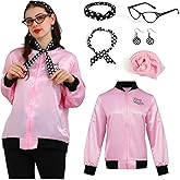 Webeasy 7pcs Set 1950s Women Pink Costume 50s Outfit for Women with Earrings,Scarfs,Headband,Glasses